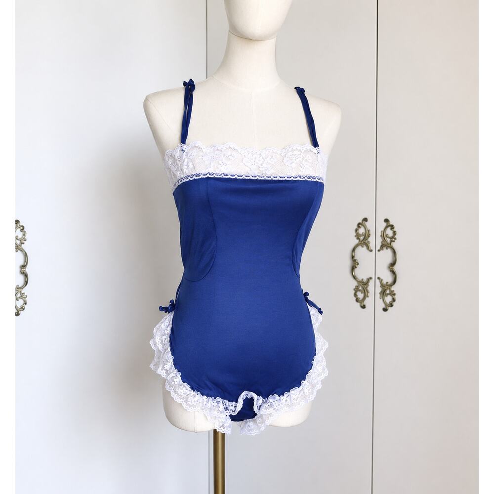 Vintage Lingerie Teddy Size Small/4-6 Navy White Lace Trim Sexy Romantic Tank